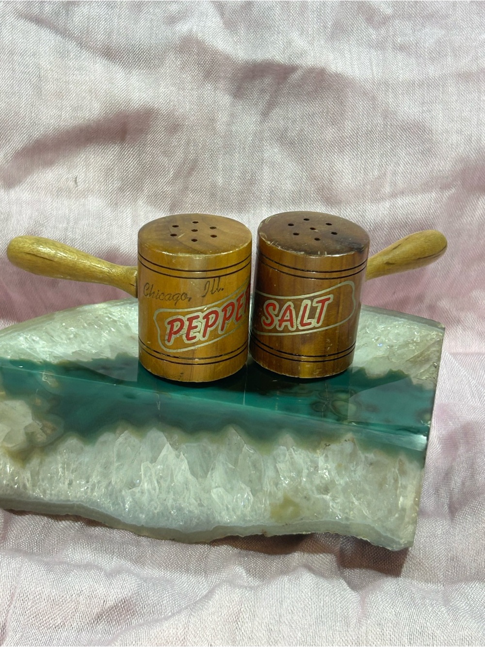 Vintage Wooden Pepper & Salt Shakers with Red Labels